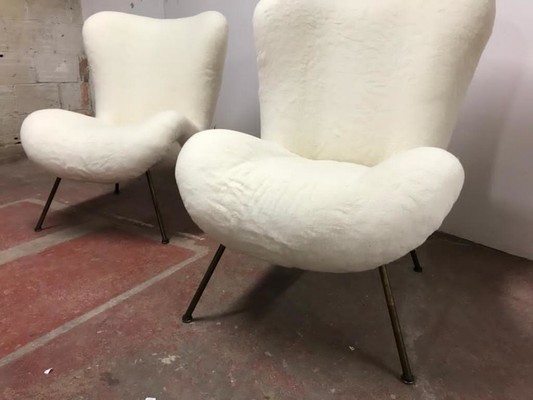 Fritz Neth rarest pair of chairs newly covered in wool faux fur