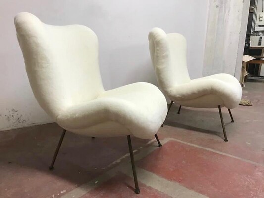 Fritz Neth rarest pair of chairs newly covered in wool faux fur