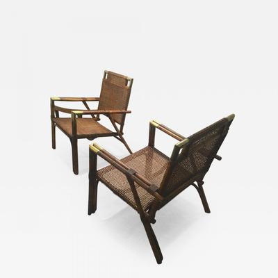 Gabriella Crespi Style Pair Rattan Lounge Chairs Brass Accent