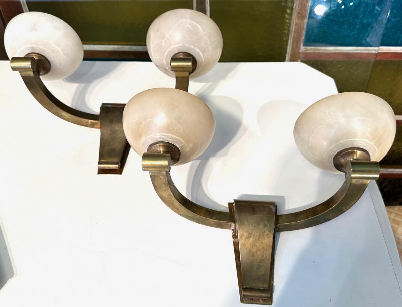 Genet Michon refined bronze and alabaster pair of sconces