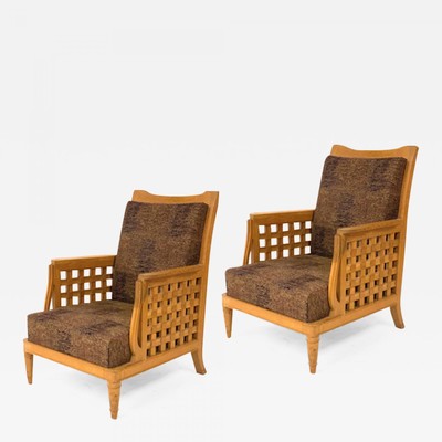 Georges Deveche pair of refined carved oak pair of comfy chairs