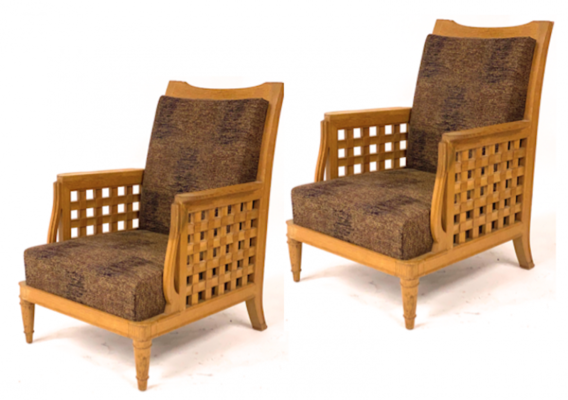 Georges Deveche pair of refined carved oak pair of comfy chairs