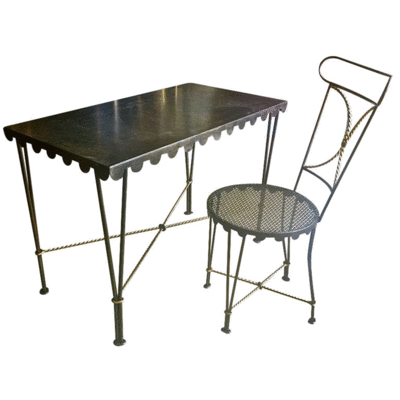 Gilbert Poillerat oxidised and gold leaf wrought iron desk and his chair