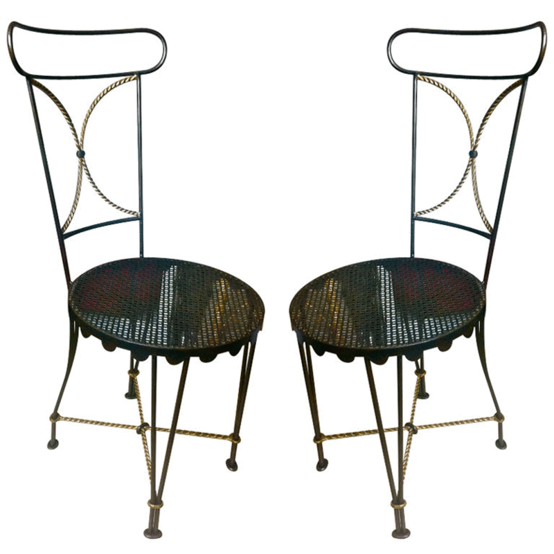 Gilbert Poillerat oxidised & gold leaf wrought iron chairs