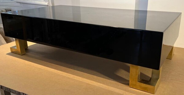 Guy Lefebre pure black lacquered coffee table with gold legs