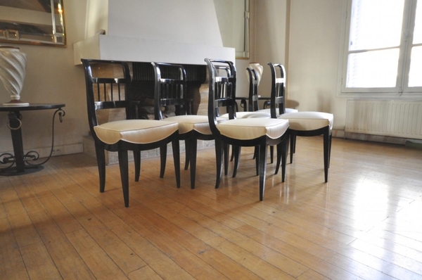 In the style Jean-Michel Frank six black lacquered chairs