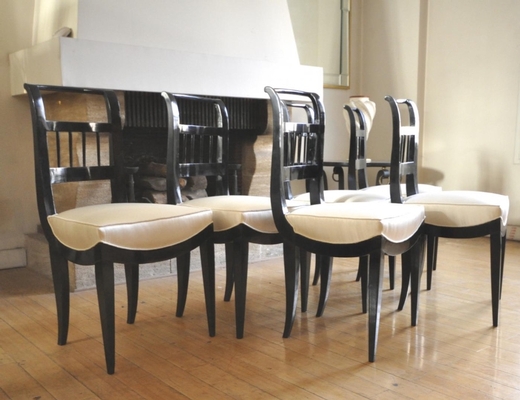 In the style Jean-Michel Frank six black lacquered chairs