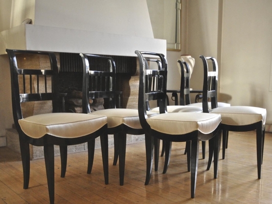 In the style Jean-Michel Frank six black lacquered chairs