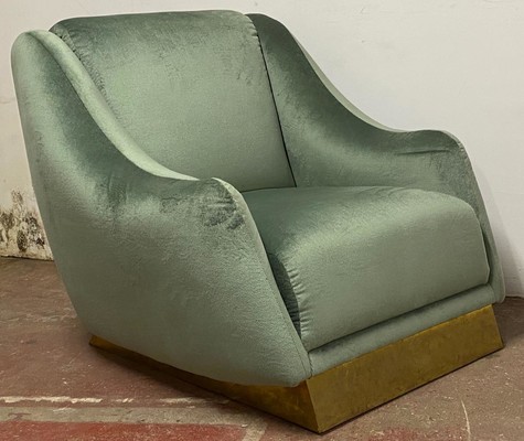Italian comfy pair of club chair with a gold brass base