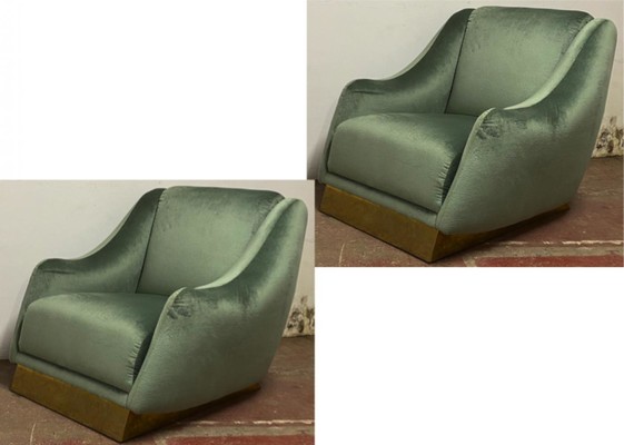 Italian comfy pair of club chair with a gold brass base