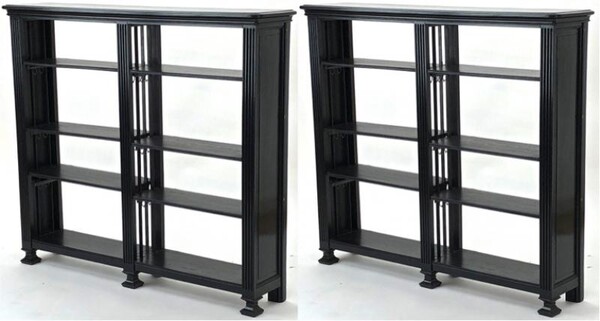 J.C Moreux pair of adjustable shelves black oak library