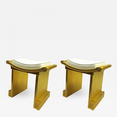 J.C.Moreux superb gold leaf carved wood pair of neo classic stool