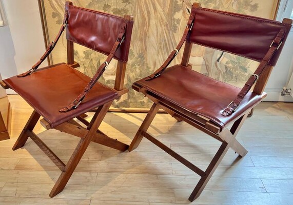 Jacques Adnet documented hand stitched leather pair of chairs