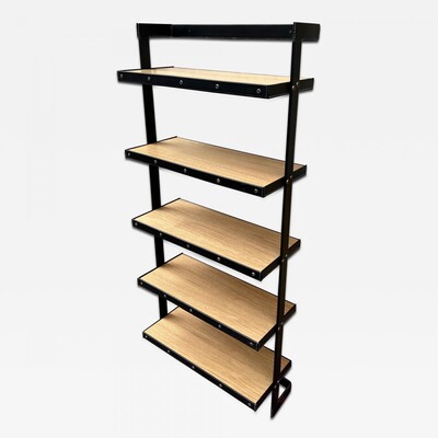 Jacques Adnet exceptional hand stiched black leather shelves library
