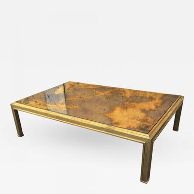 Jacques Adnet Gold Bronze Gold Leaf Mirrored Top Big Coffee Table