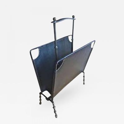 Jacques Adnet Hand-Stitched Black Leather Magazine Rack