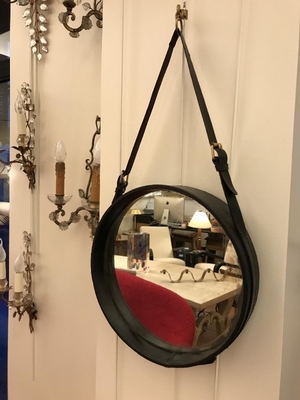 Jacques Adnet hand stitched black leather mirror