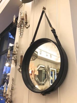Jacques Adnet hand stitched black leather mirror