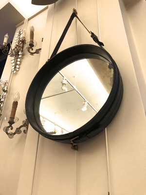 Jacques Adnet hand stitched black leather mirror