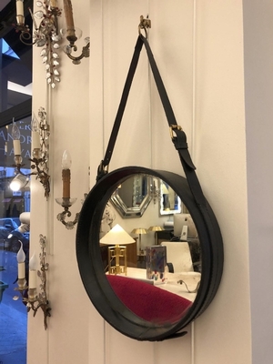 Jacques Adnet hand stitched black leather mirror