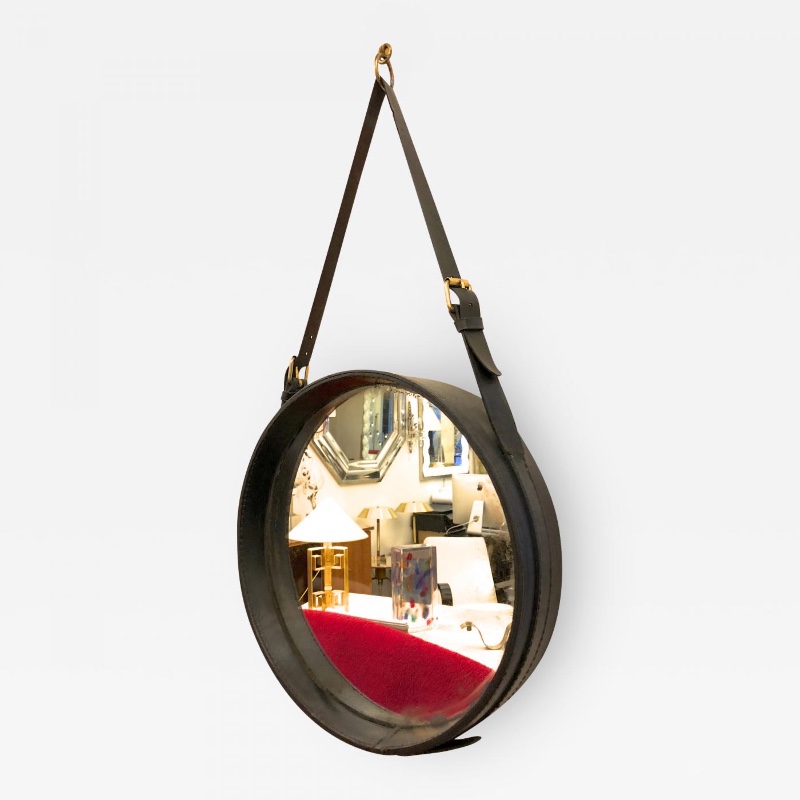 Jacques Adnet hand stitched black leather mirror