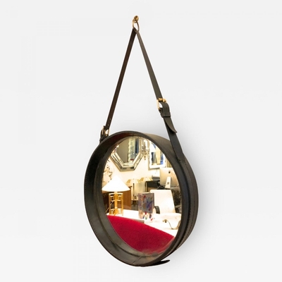 Jacques Adnet hand stitched black leather mirror