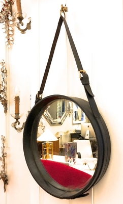 Jacques Adnet hand stitched black leather mirror