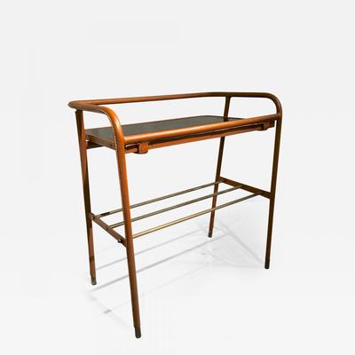 Jacques Adnet hand-stitched brown leather two tier side table
