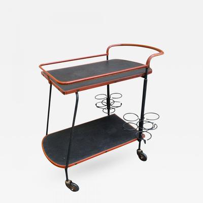 Jacques Adnet hand-stitched leather bar rolling table.