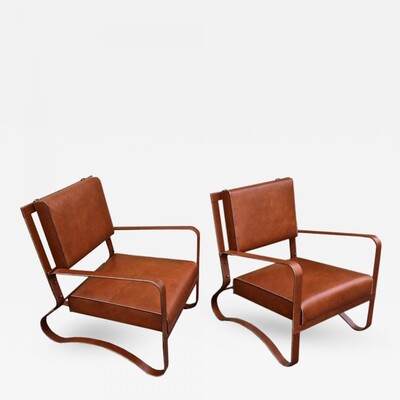 Jacques Adnet Pair Lounge Chairs in Hand-Stitched Leather