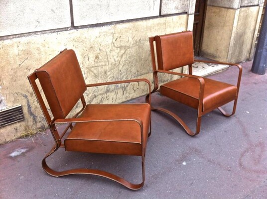 Jacques Adnet Pair Lounge Chairs in Hand-Stitched Leather