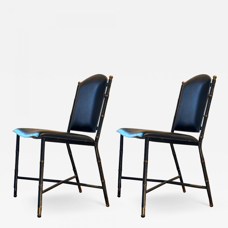 Jacques Adnet pair of black hand stitched leather pair of chairs