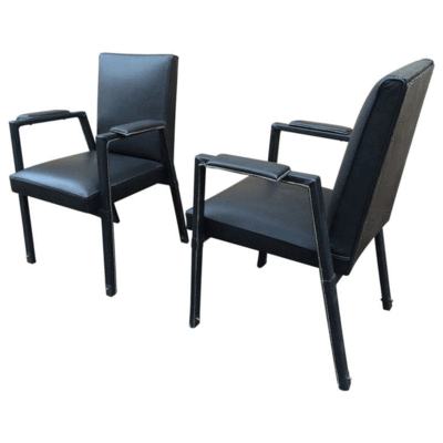 Jacques Adnet rare set of 4 black hand stitched leather arm chair