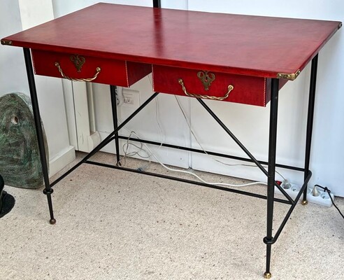 Jacques Adnet red hermes refined desk with gold bronze desk