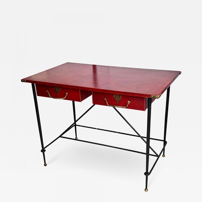 Jacques Adnet red hermes refined desk with gold bronze desk
