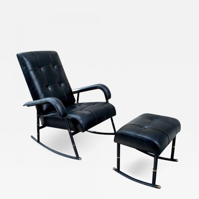Jacques Adnet Rocking Chair and Footstool in Black