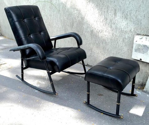 Jacques Adnet Rocking Chair and Footstool in Black