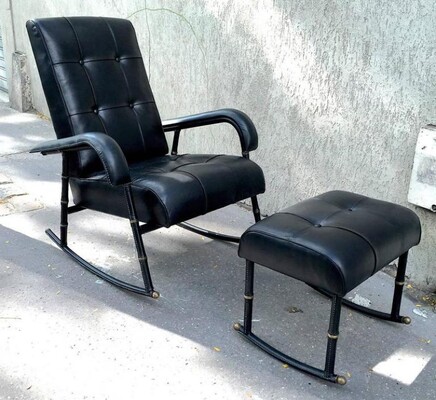 Jacques Adnet Rocking Chair and Footstool in Black