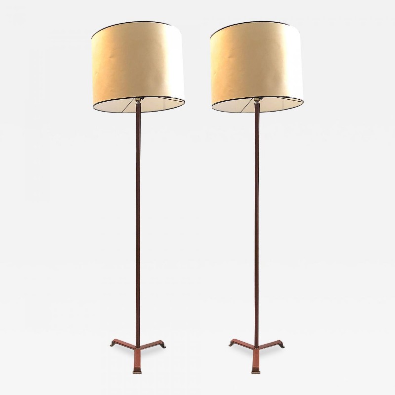 Jacques Adnet superb pair of brown hand stitched floor lamp 