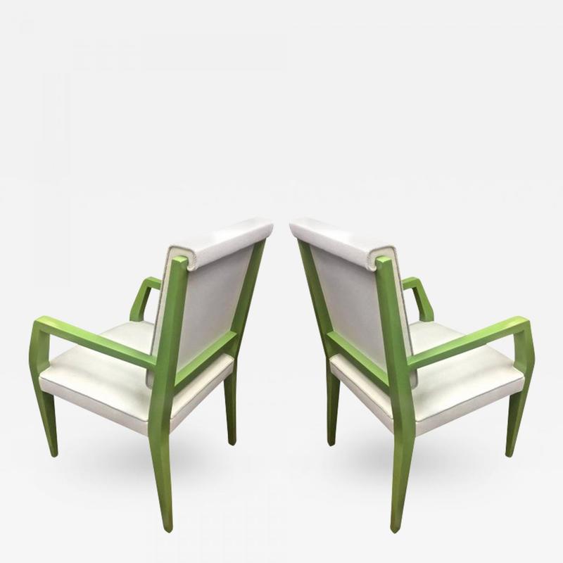 Jacques Quinet Green Lacquered Pair Chairs