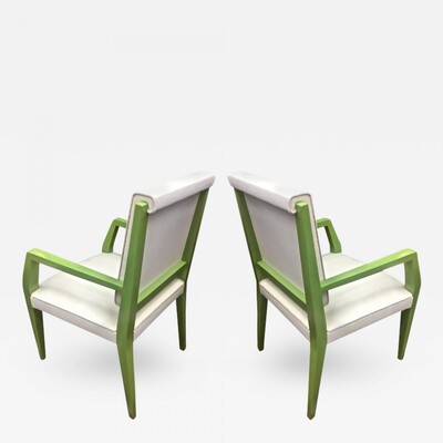 Jacques Quinet Green Lacquered Pair of Chairs Newly Covered