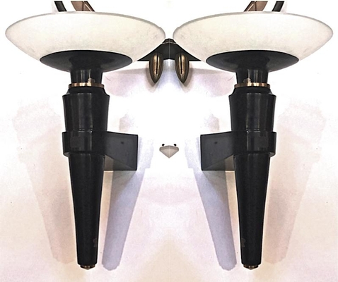 Jacques Quinet superb oxidized bronze and glass pair of sconces