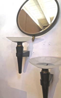 Jacques Quinet superb oxidized bronze and glass pair of sconces