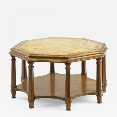 JC Moreux style Neoclassical hexagonal oak 2 tier coffee table