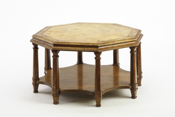 JC Moreux style Neoclassical hexagonal oak 2 tier coffee table