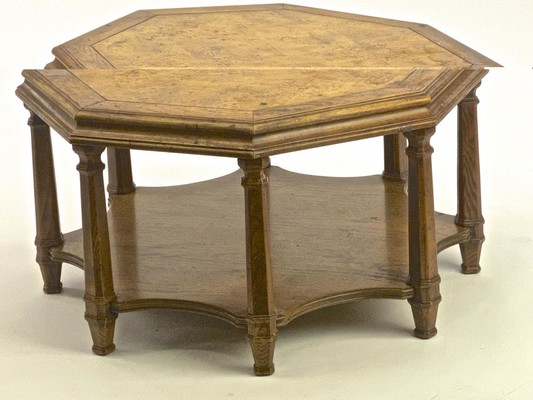 JC Moreux style Neoclassical hexagonal oak 2 tier coffee table