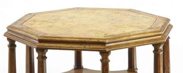 JC Moreux style Neoclassical hexagonal oak 2 tier coffee table