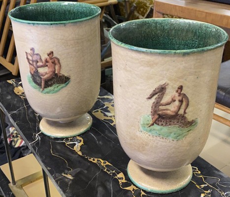 Jean Mayodon pair of decorated ceramic vase or urn lamp