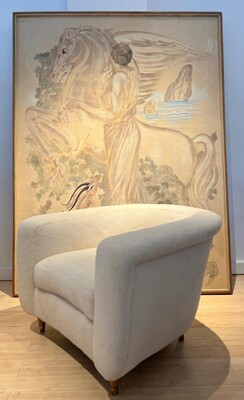 Jean Royere comfy pair of lounge chairs newly covered 