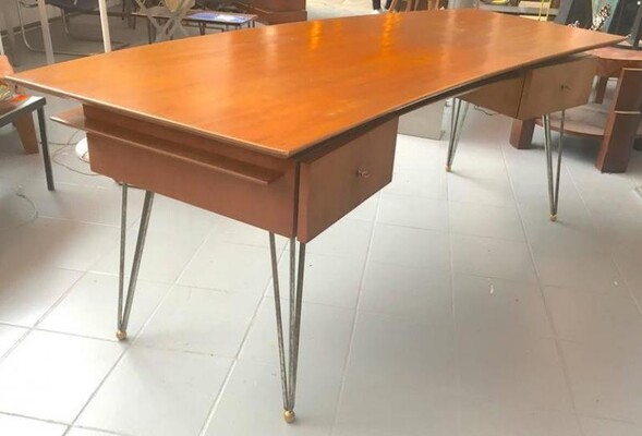 Jean Royère Curved Two Drawers Desk with Metal Legs